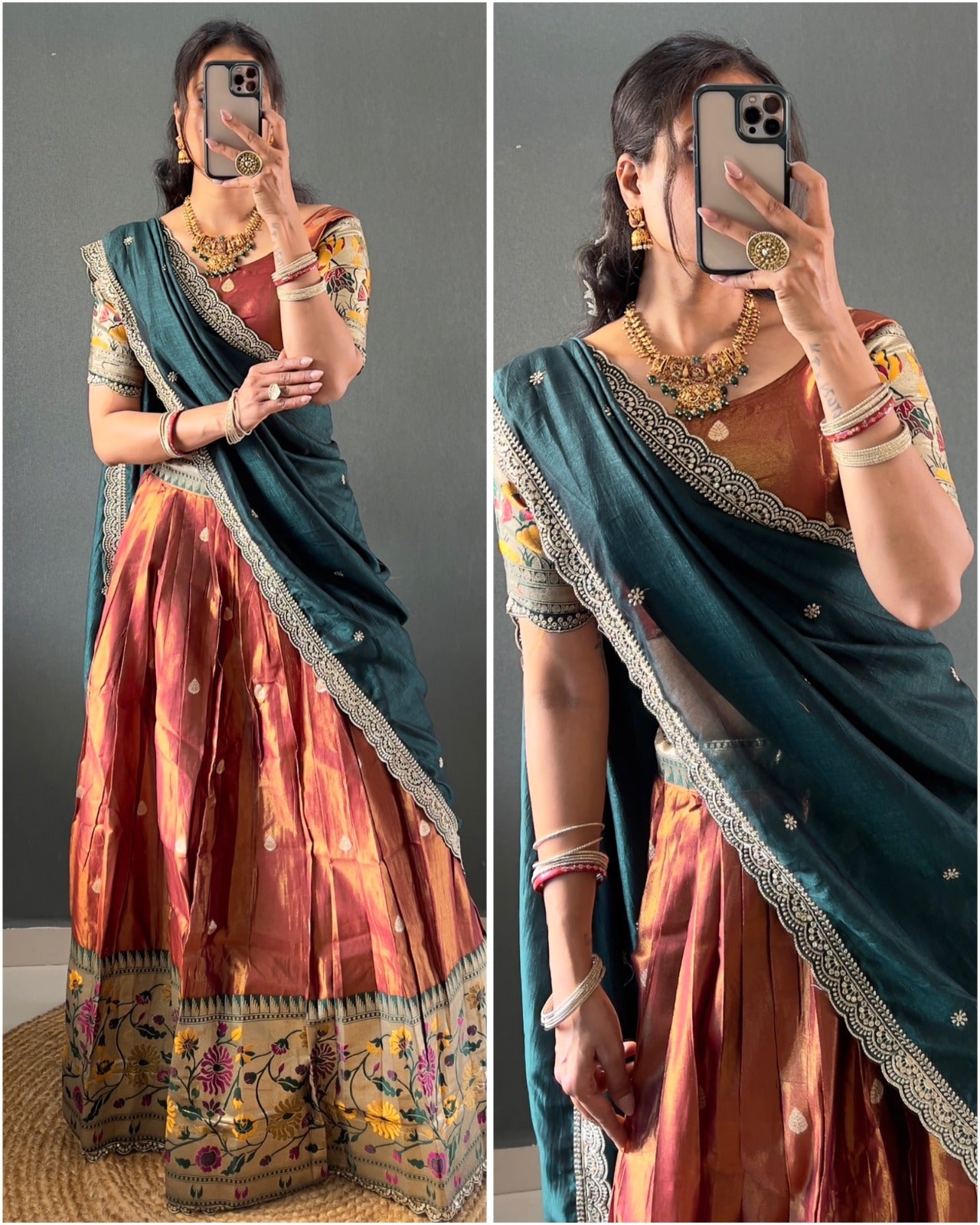 Copper Tissue Silk Paithani Lehenga Choli with Green Vichitra Dupatta | Zari Weaving & Embroidery Work | Stitched | Size Adjustable (36–44)