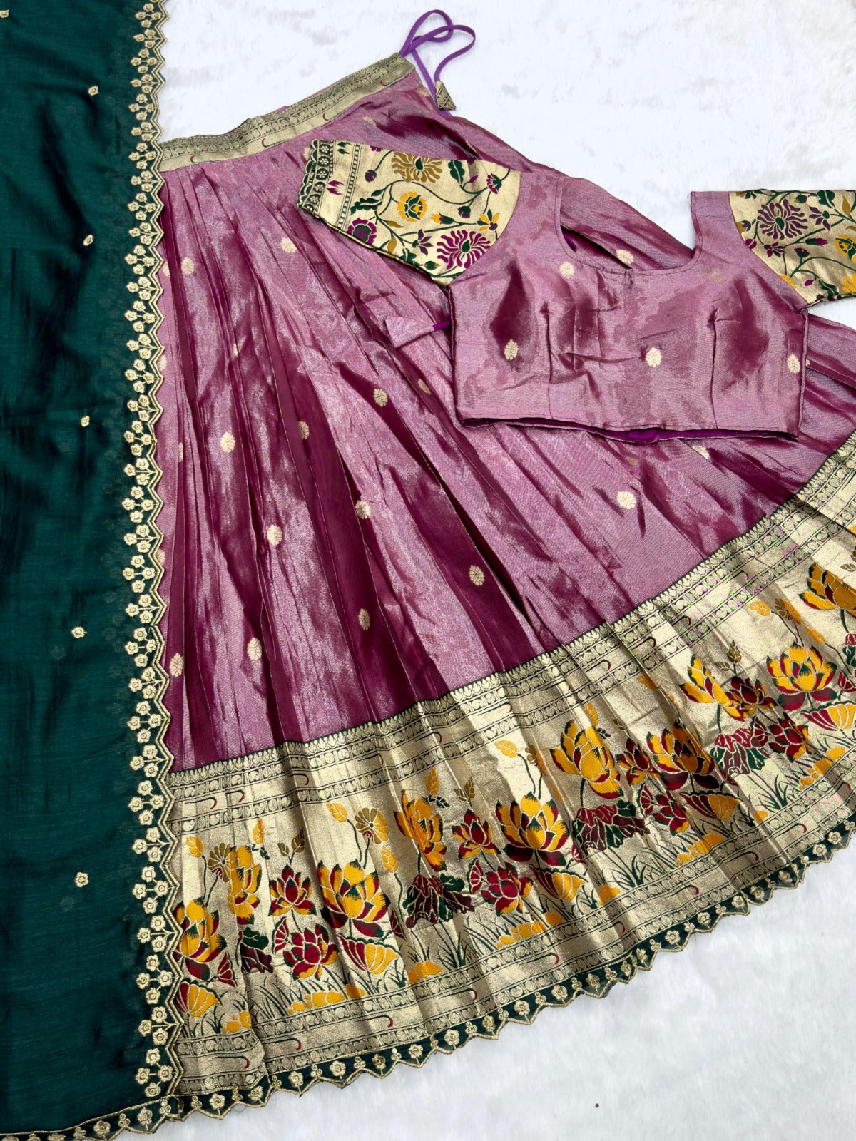 Lavender Tissue Silk Paithani Lehenga Choli with Green Vichitra Dupatta | Zari Weaving & Embroidery Work | Stitched | Size Adjustable (36–44)