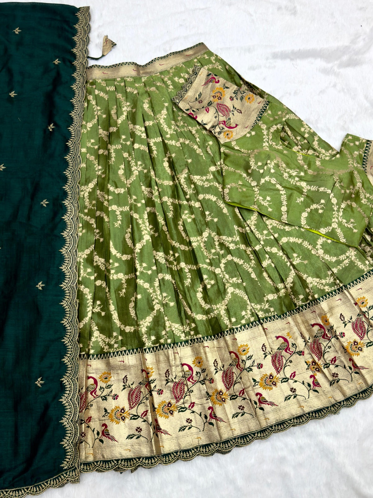Mehendi Green Tissue Silk Paithani Lehenga Choli with Dark Green Vichitra Dupatta | Zari Weaving & Embroidery Work | Stitched | Size Adjustable (36–44)
