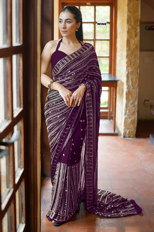 Party & Festive Wear Violet Bollywood Designer Saree with Sequins & Embroidery
