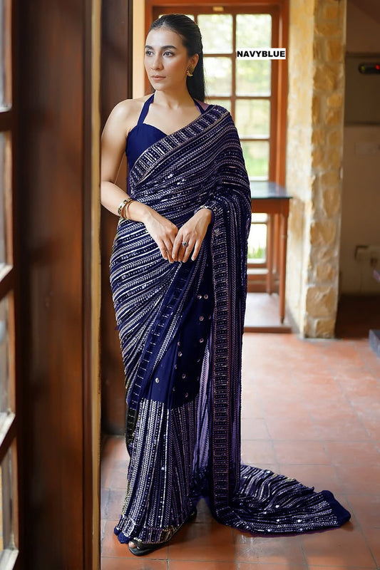 Party & Wedding Wear Navy Blue Bollywood Designer Saree with Embroidery & Sequins Work