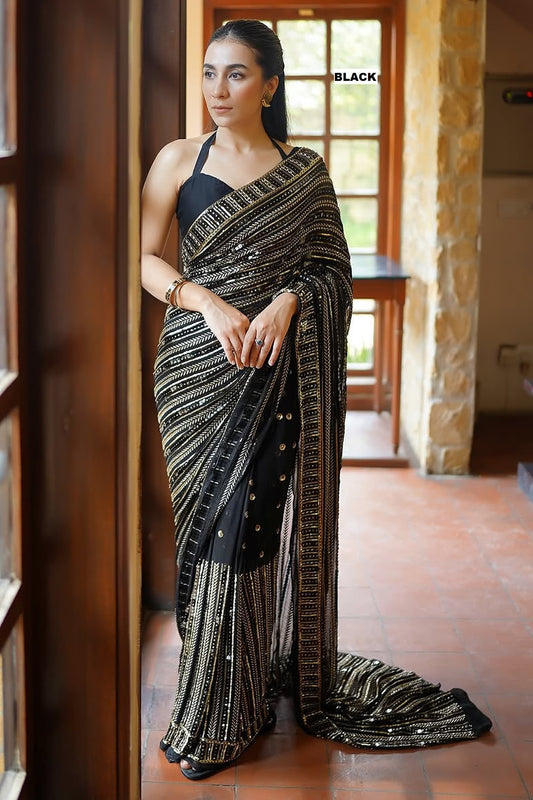 Elegant Party Wear Black Bollywood Designer Saree with Sequins & Embroidery