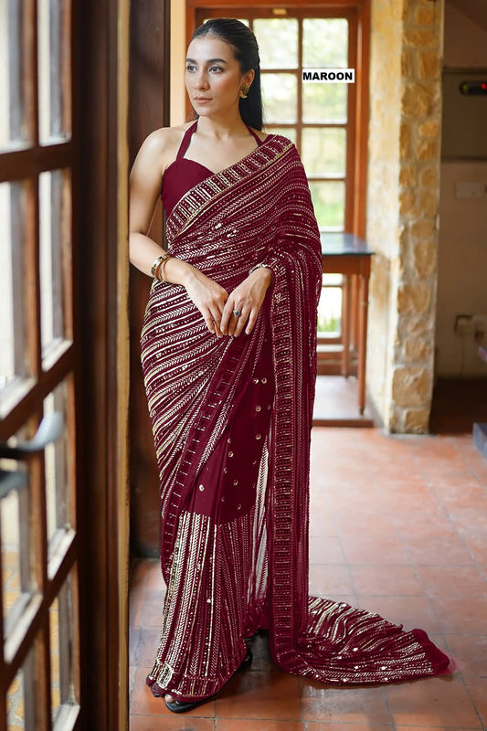 Party & Wedding Wear Maroon Bollywood Designer Saree with 5MM Sequins & Embroidery