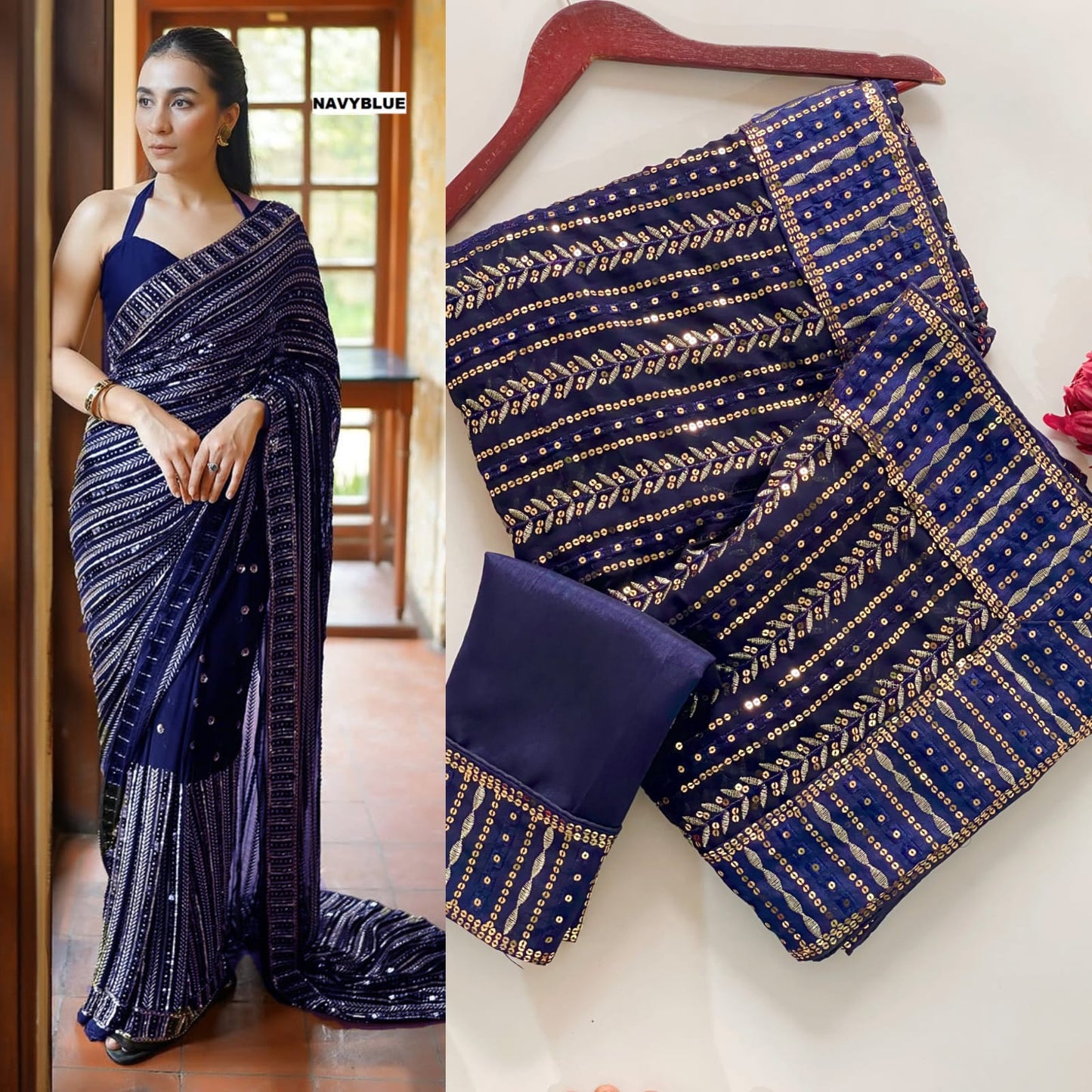 Party & Wedding Wear Navy Blue Bollywood Designer Saree with Embroidery & Sequins Work