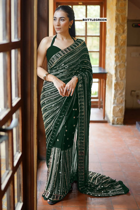 Festive & Party Wear Green Bollywood Designer Saree with Sequins & Embroidery