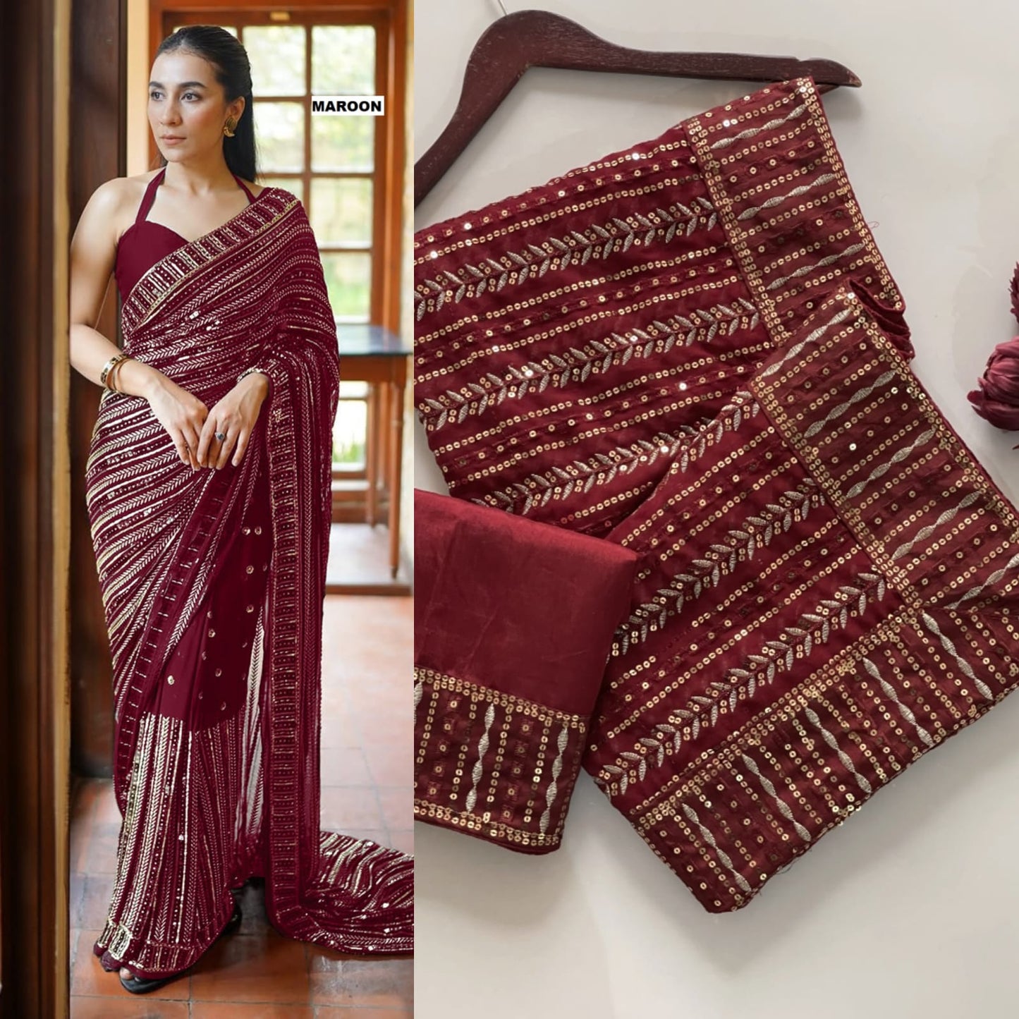 Party & Wedding Wear Maroon Bollywood Designer Saree with 5MM Sequins & Embroidery