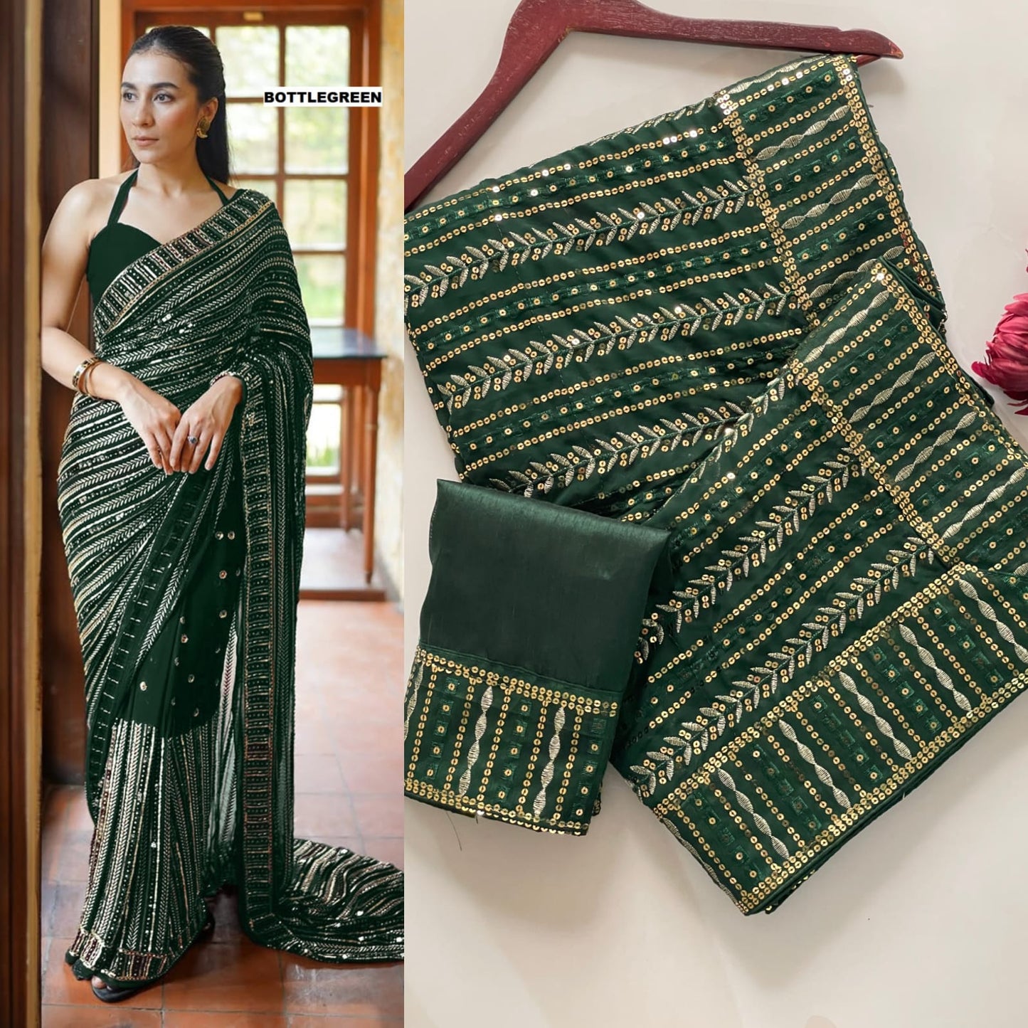 Festive & Party Wear Green Bollywood Designer Saree with Sequins & Embroidery
