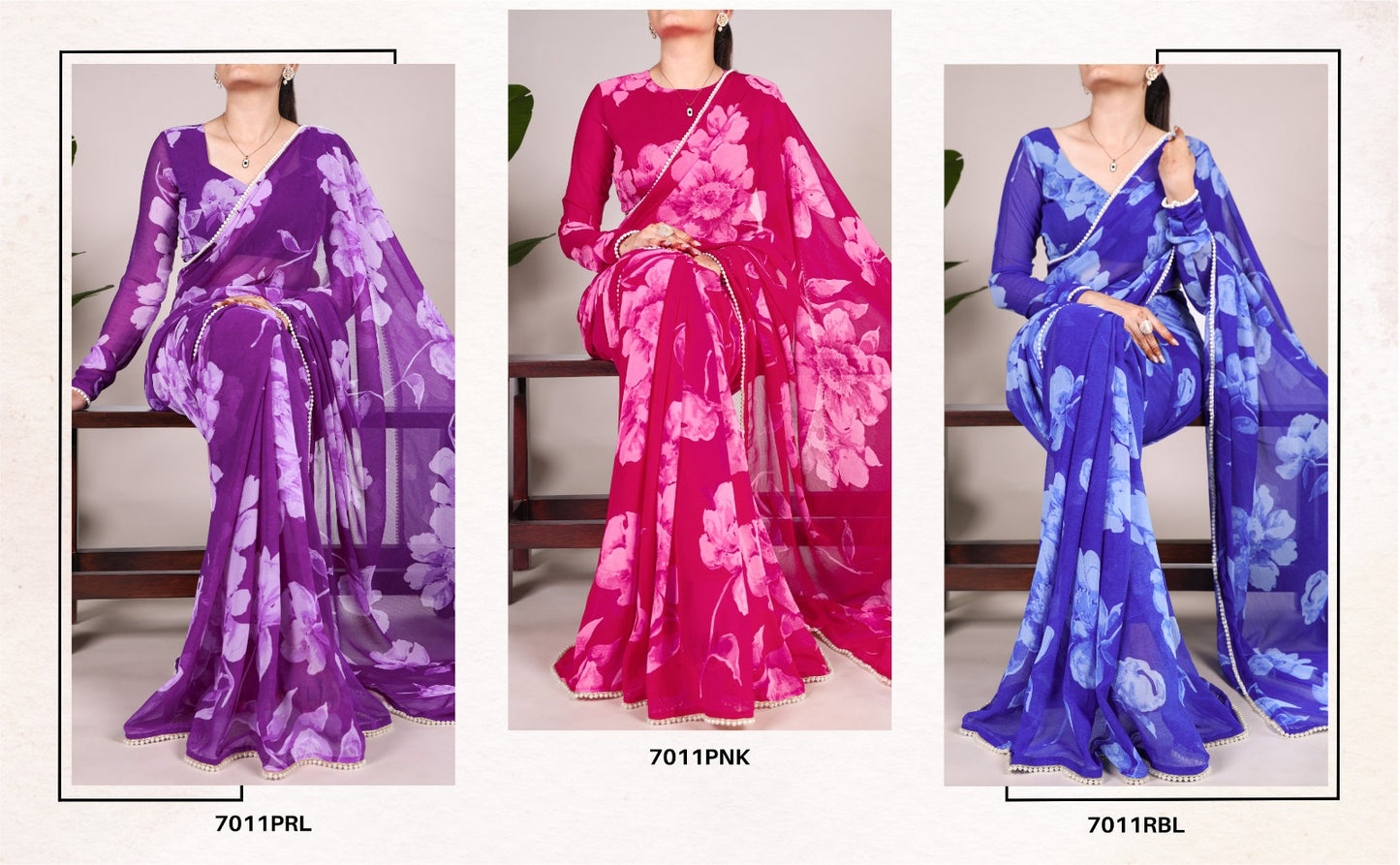 Festive & Everyday Ready Graceful Purple Floral Chiffon Saree with Pearl Lace