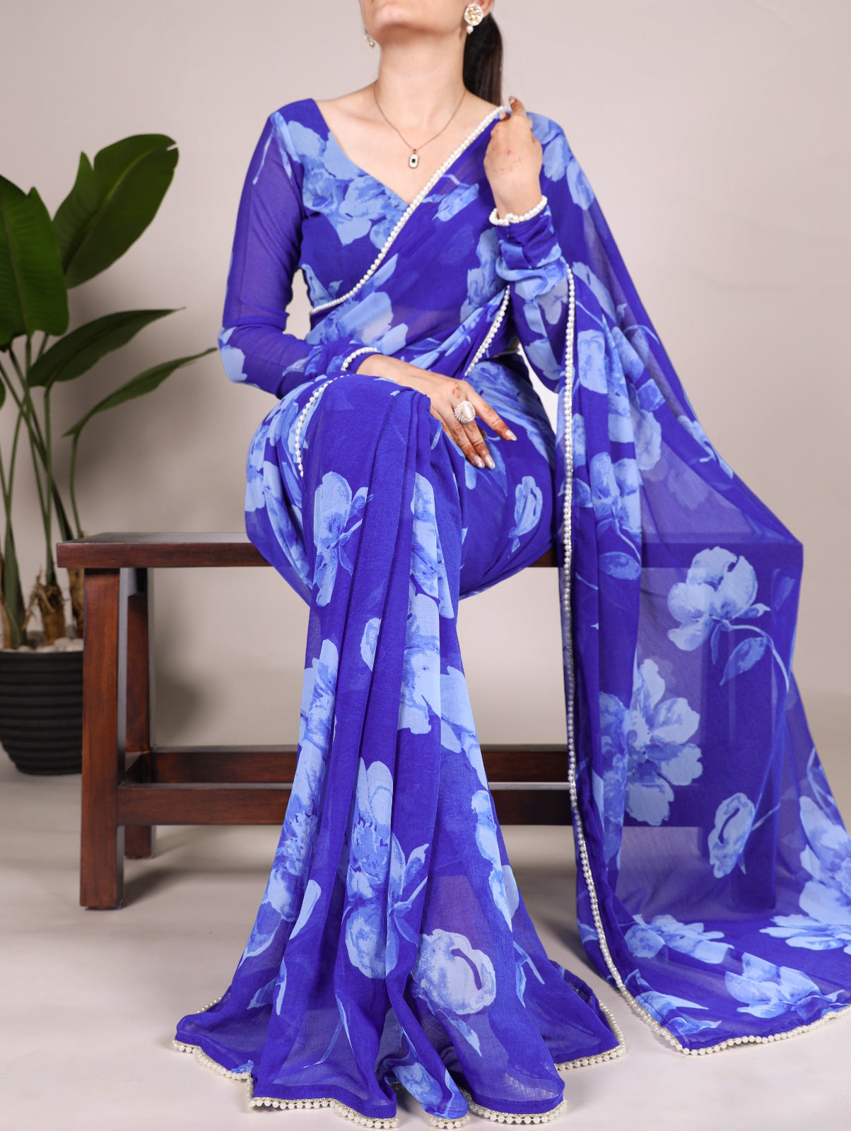 Lightweight & Stylish Blue Floral Print Chiffon Saree with Pearl Lace
