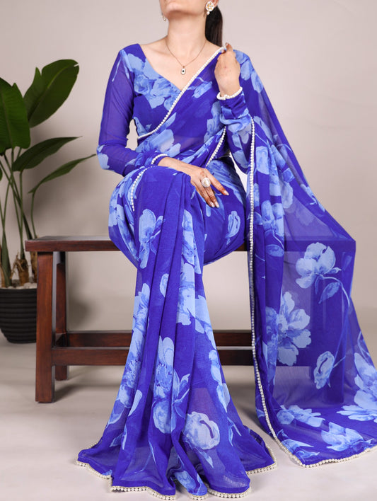 Lightweight & Stylish Blue Floral Print Chiffon Saree with Pearl Lace
