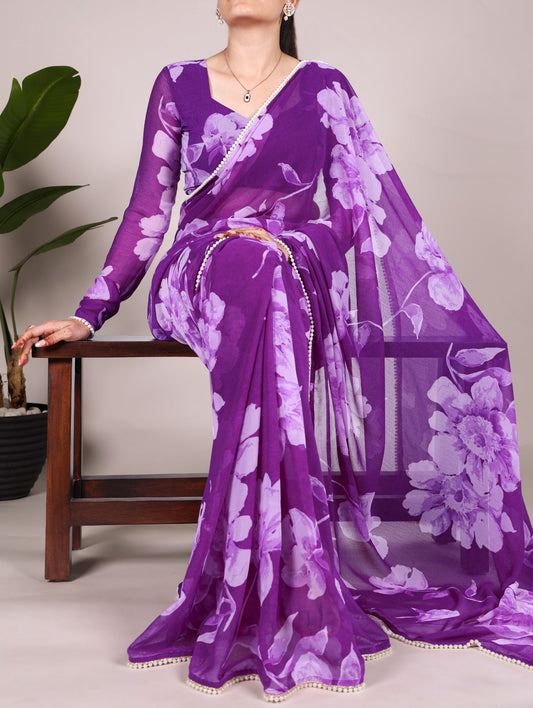 Festive & Everyday Ready Graceful Purple Floral Chiffon Saree with Pearl Lace