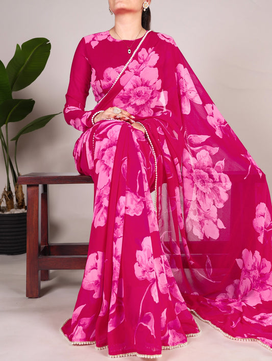 Lightweight & Elegant  Pink Chiffon Floral Print Saree with Pearl Lace Border