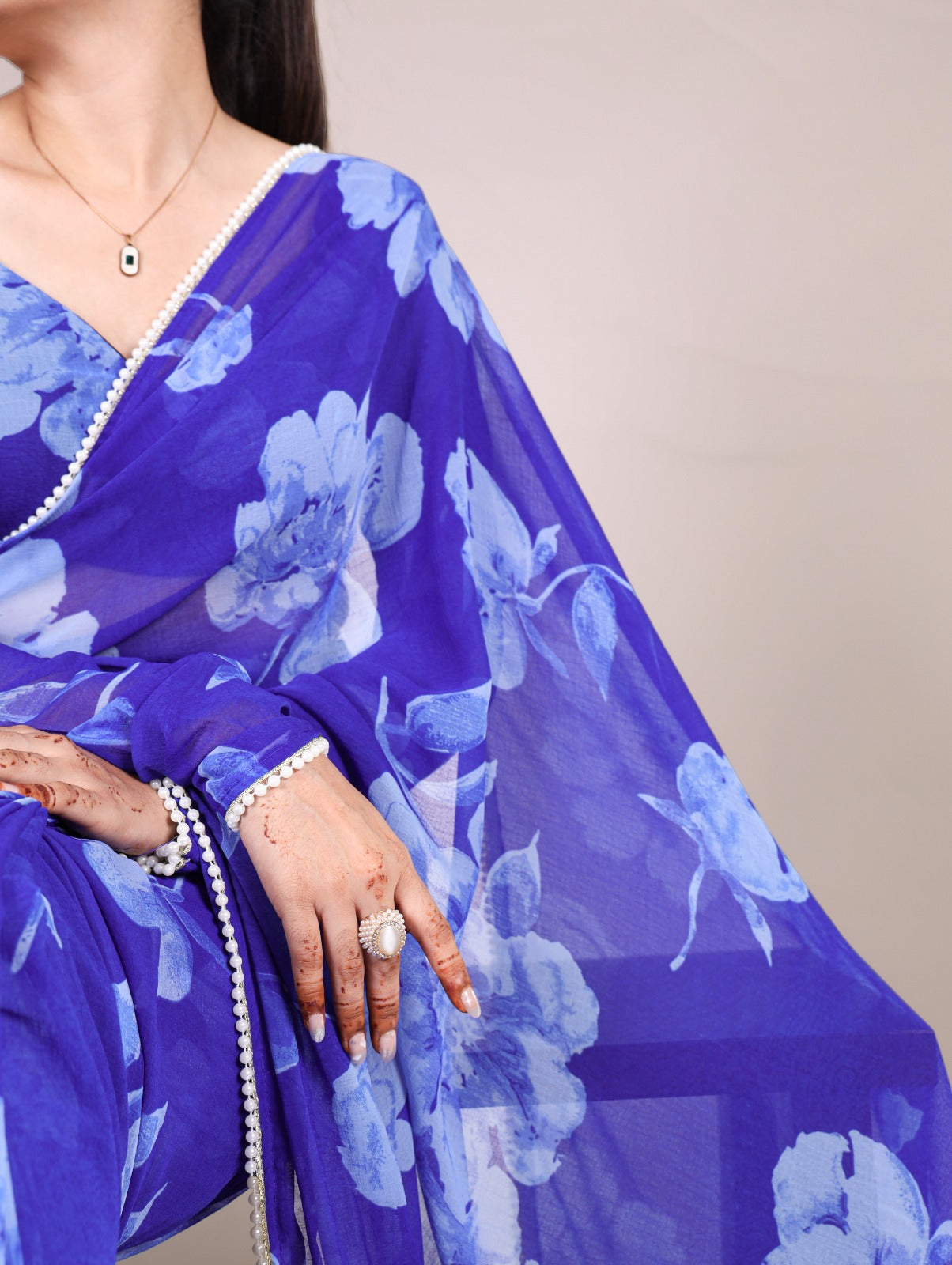 Lightweight & Stylish Blue Floral Print Chiffon Saree with Pearl Lace