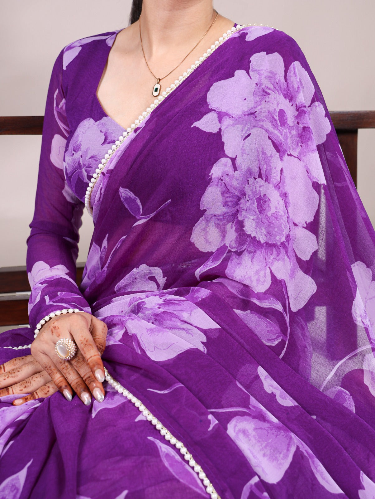 Festive & Everyday Ready Graceful Purple Floral Chiffon Saree with Pearl Lace
