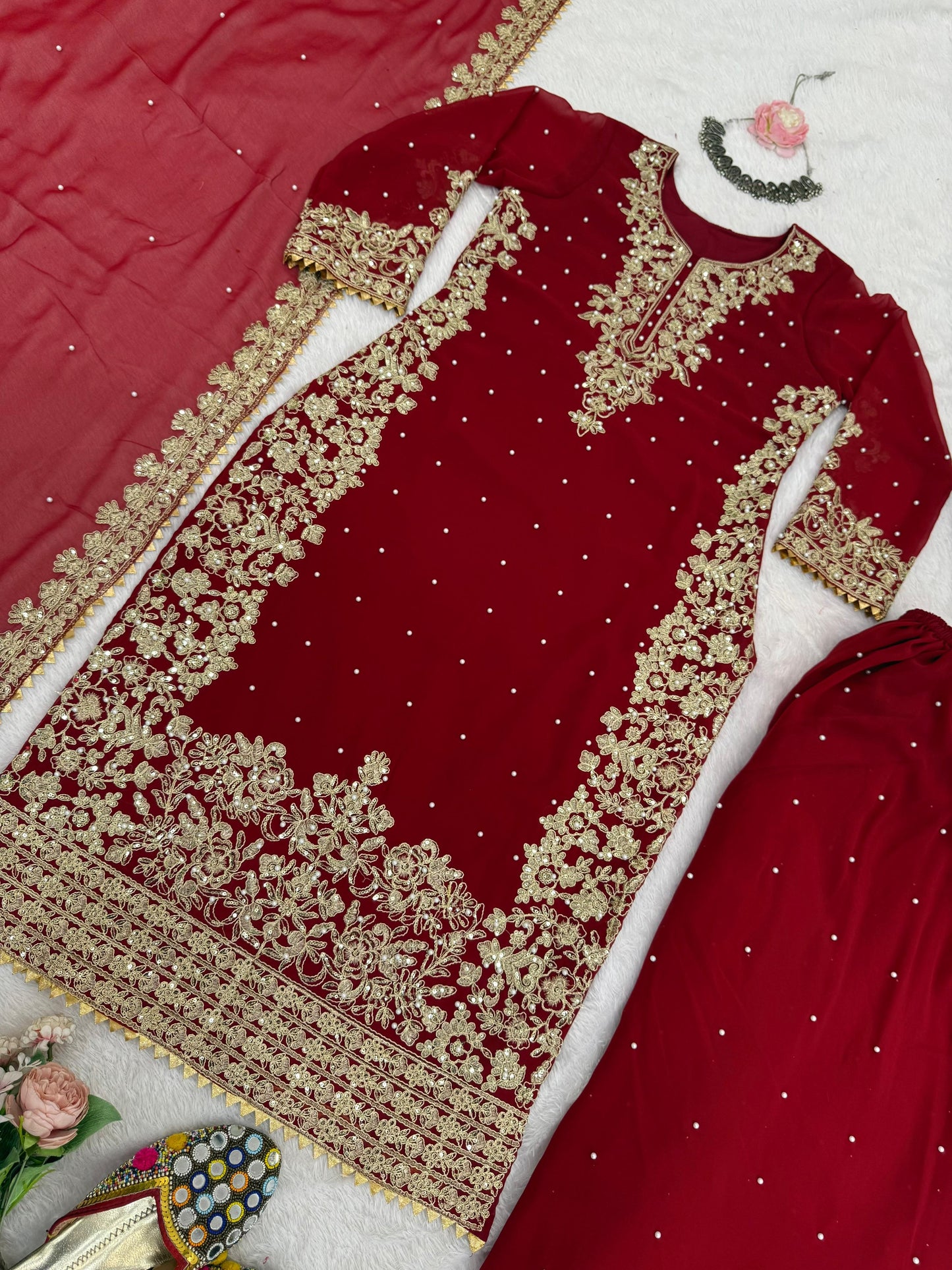 Three-Piece Faux Georgette Kurta Set – Coding Work with Rivet Moti & Full-Stitch Palazzo