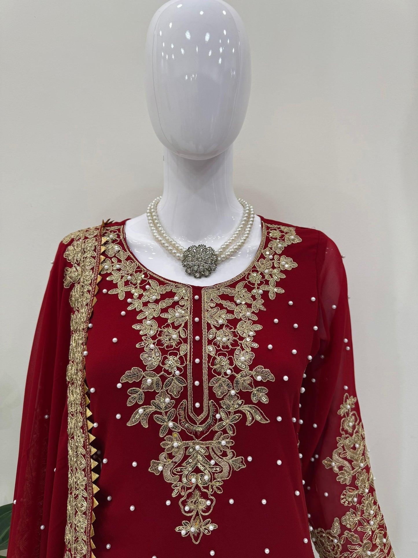 Three-Piece Faux Georgette Kurta Set – Coding Work with Rivet Moti & Full-Stitch Palazzo