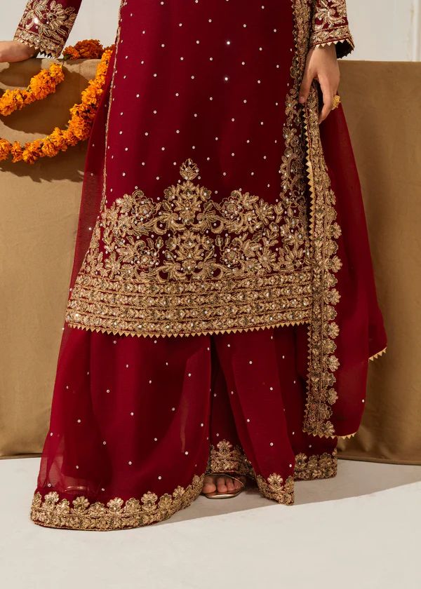 Three-Piece Faux Georgette Kurta Set – Coding Work with Rivet Moti & Full-Stitch Palazzo