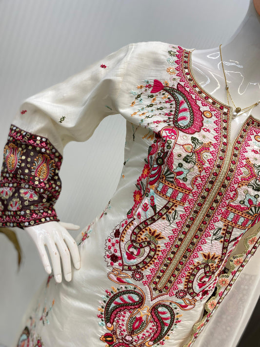 Designer Plazzo Suit in Roman Silk with Sequence Embroidery - White