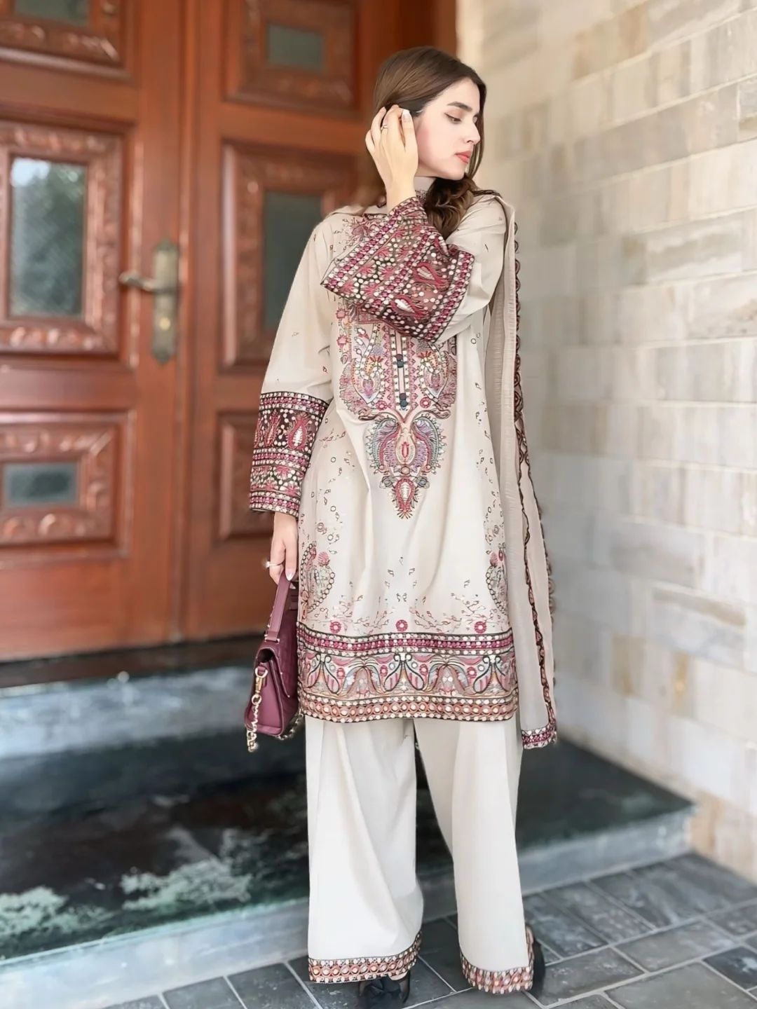 Designer Plazzo Suit in Roman Silk with Sequence Embroidery - White