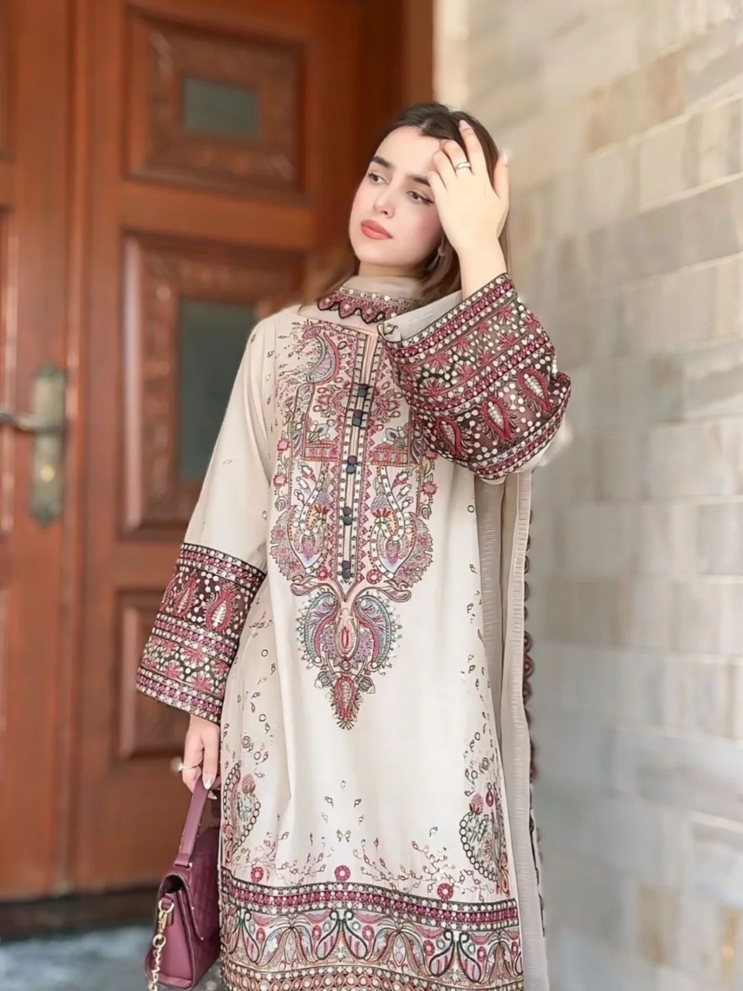 Designer Plazzo Suit in Roman Silk with Sequence Embroidery - White