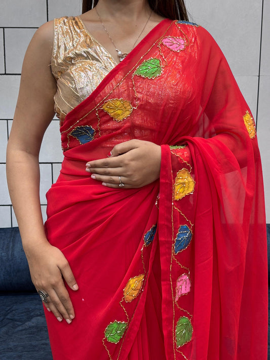 Elegant Red Georgette Saree with Brush Print & Hand-Painted Flower Work