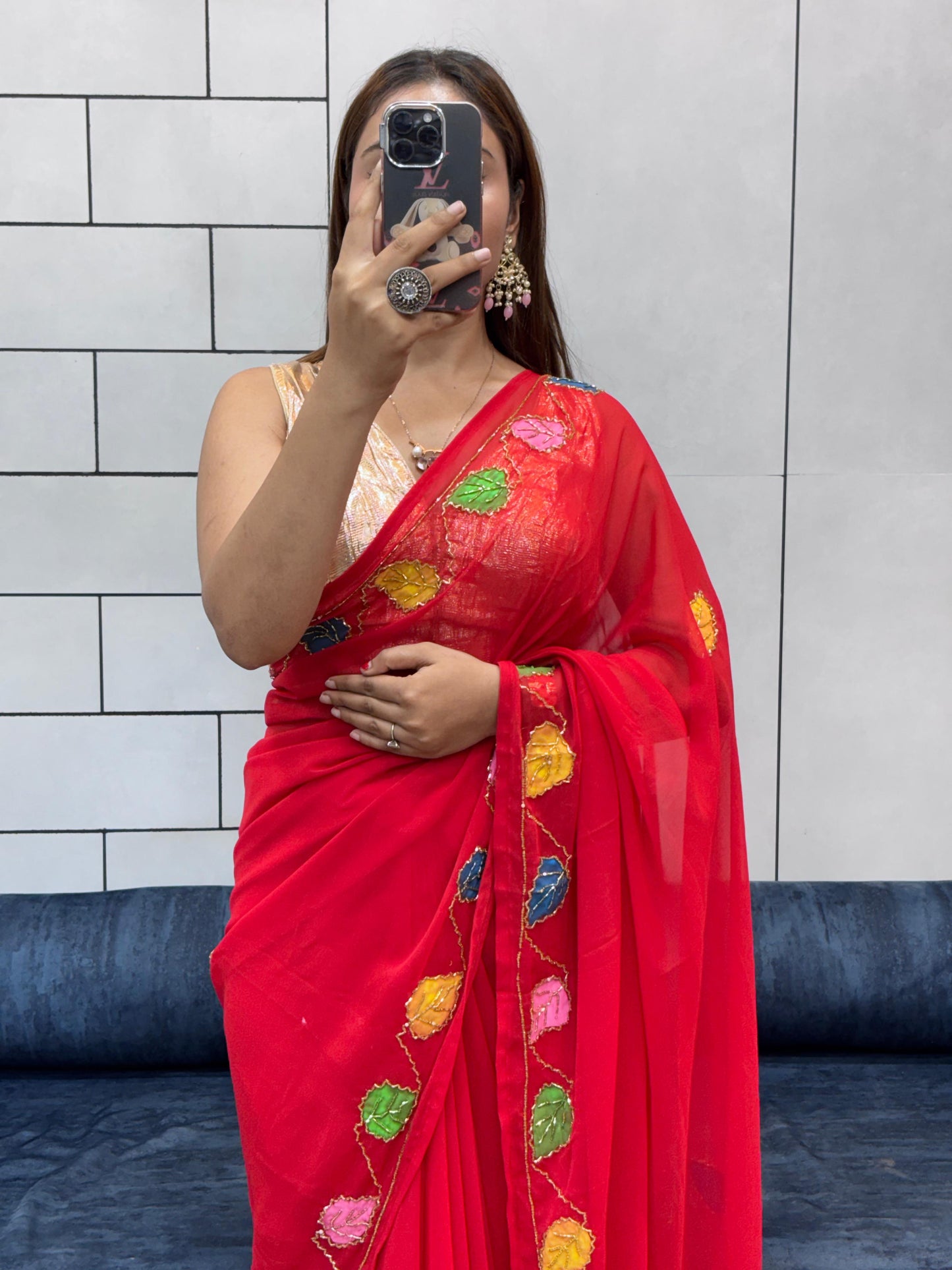 Elegant Red Georgette Saree with Brush Print & Hand-Painted Flower Work