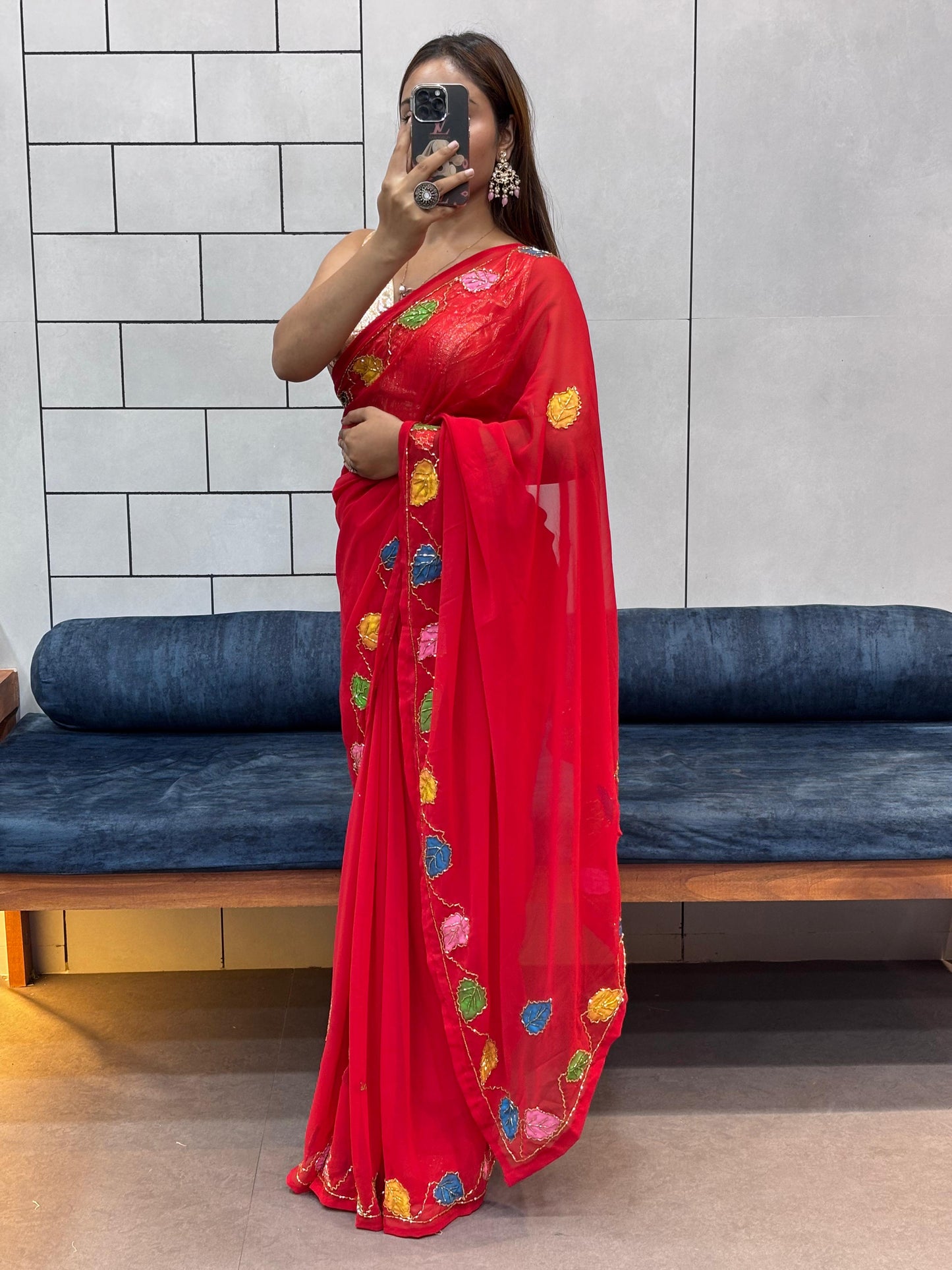 Elegant Red Georgette Saree with Brush Print & Hand-Painted Flower Work