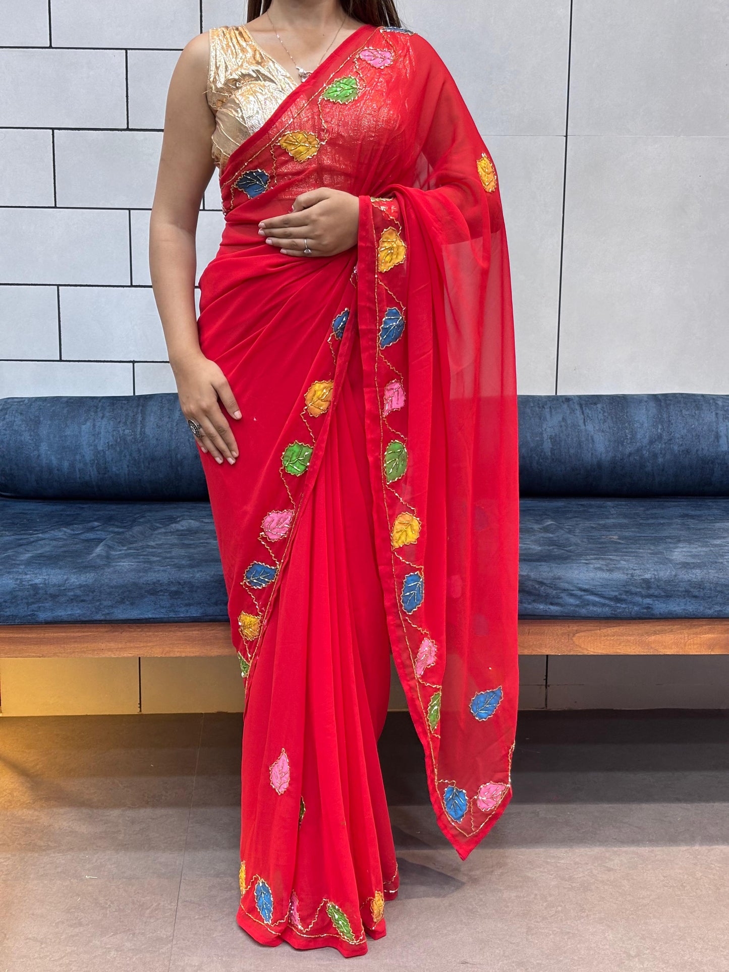 Elegant Red Georgette Saree with Brush Print & Hand-Painted Flower Work