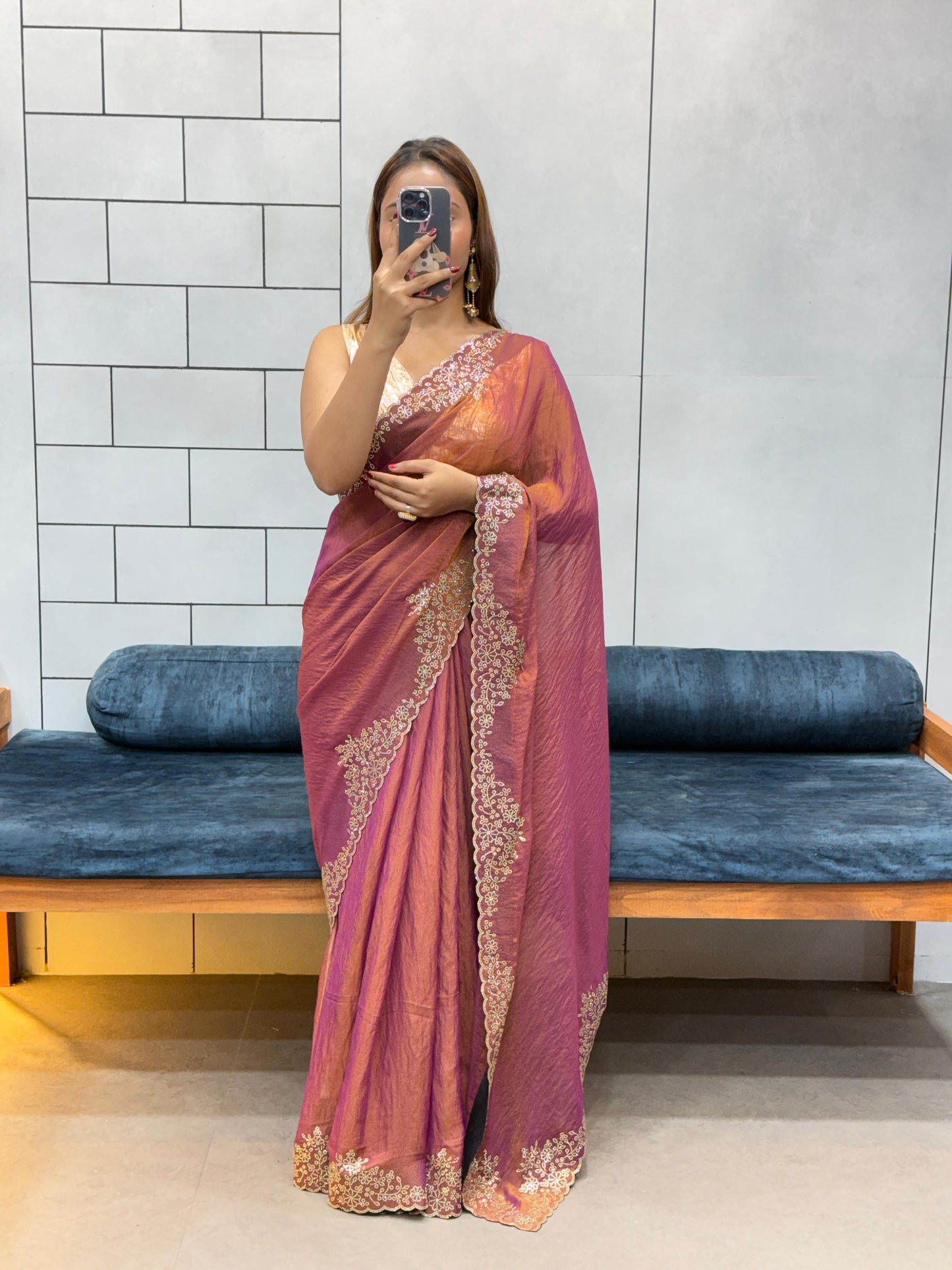 Designer Celebrity Style Saree Wine Purple & Golden Moss Fendy Silk Saree with Diamond Flower Work