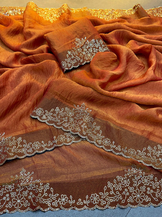 Celebrity Style Designer Orange Space Silk Saree with Diamond Flower Panel