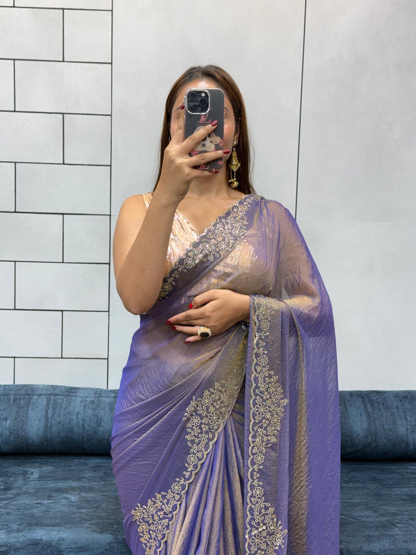 Celebrity Style Partywear Saree Navy Blue Golden Moss Silk Saree with Diamond Work
