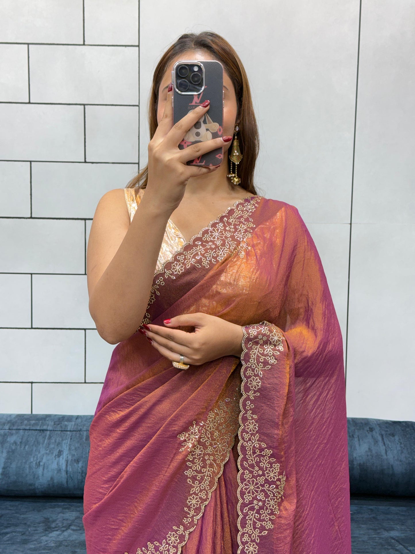 Designer Celebrity Style Saree Wine Purple & Golden Moss Fendy Silk Saree with Diamond Flower Work