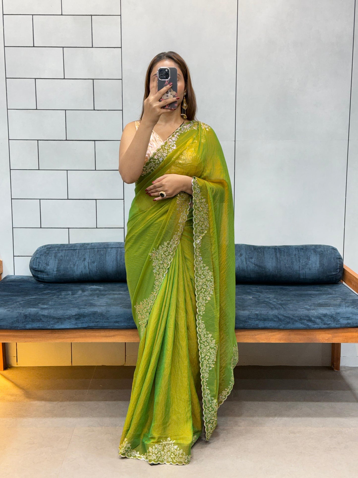 Soft Rich Light Green Silk Saree with Panel Cut & Diamond Work