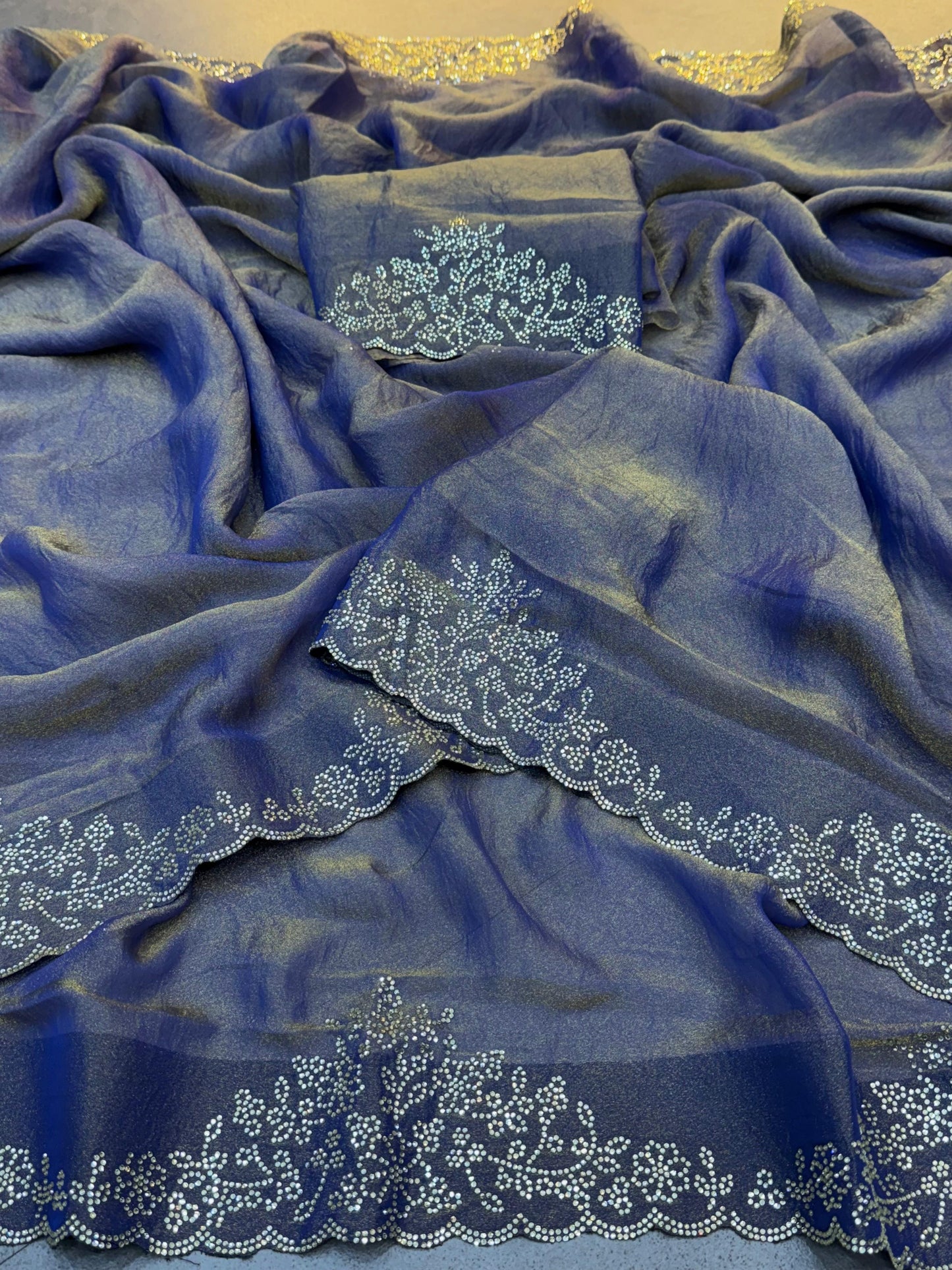 Celebrity Style Partywear Saree Navy Blue Golden Moss Silk Saree with Diamond Work