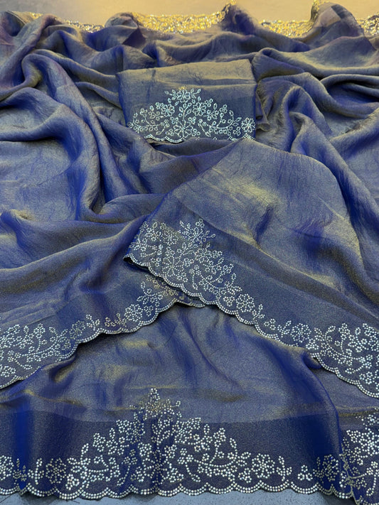 Celebrity Style Partywear Saree Navy Blue Golden Moss Silk Saree with Diamond Work