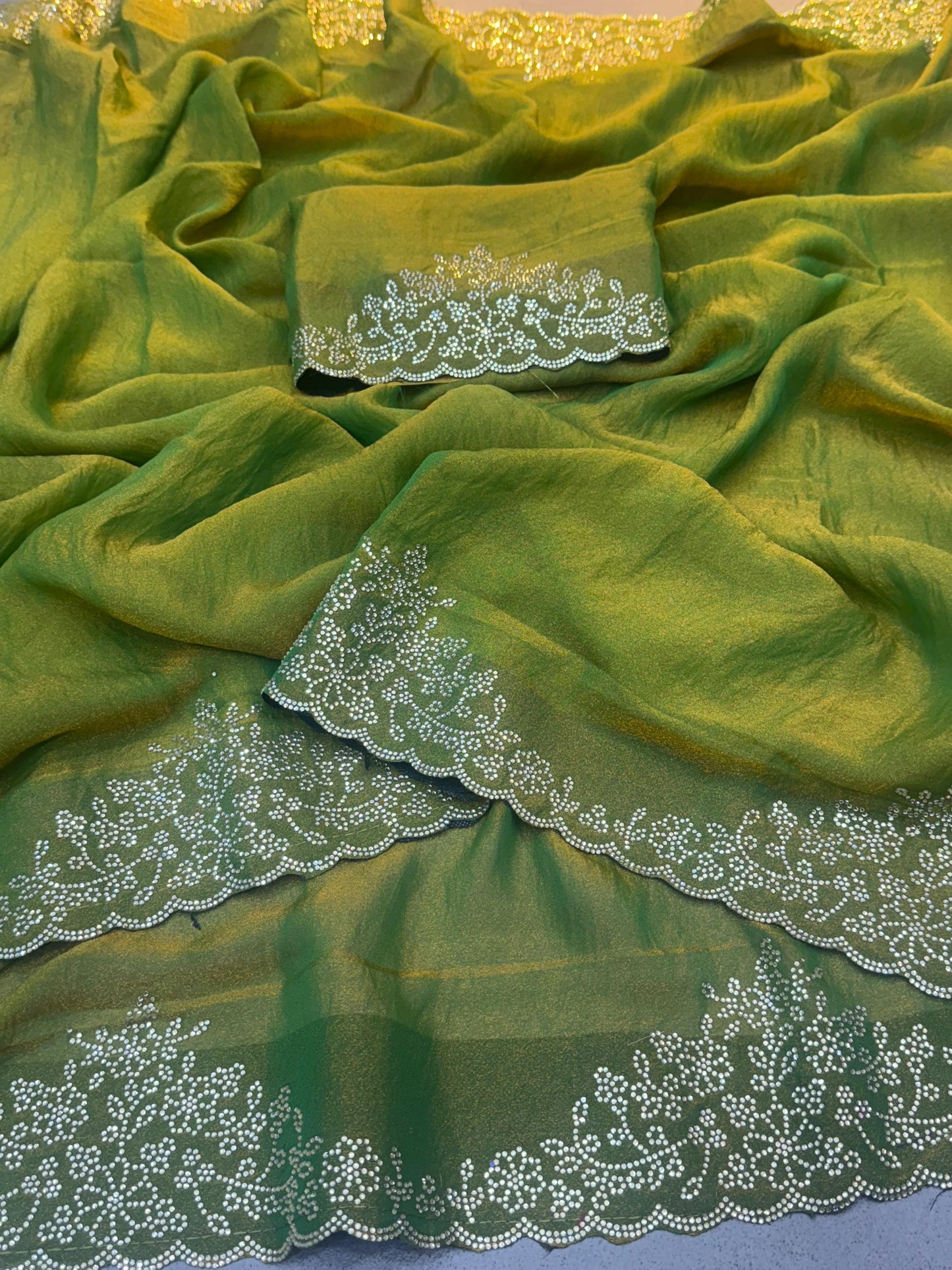 Soft Rich Light Green Silk Saree with Panel Cut & Diamond Work