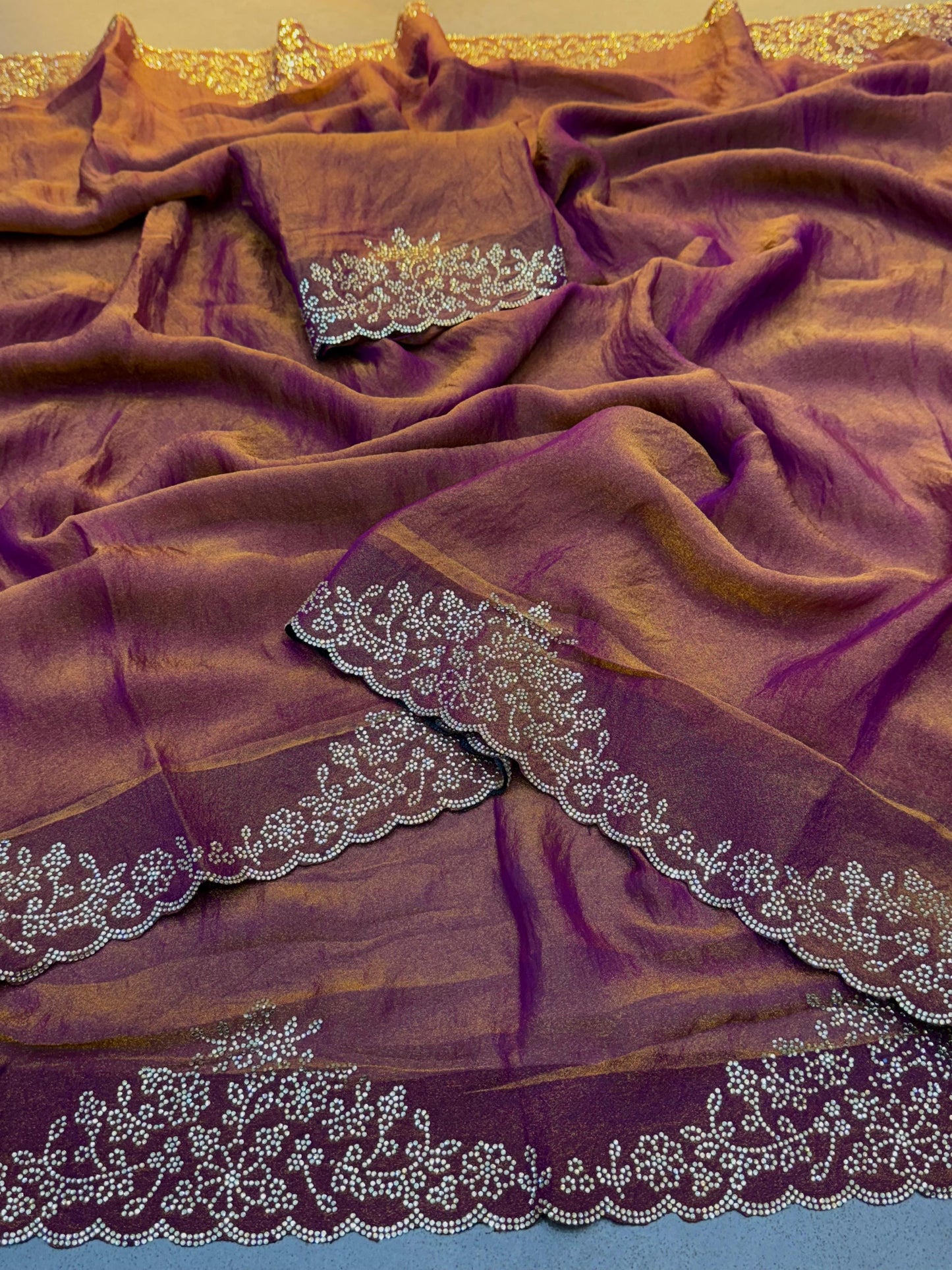 Designer Celebrity Style Saree Wine Purple & Golden Moss Fendy Silk Saree with Diamond Flower Work