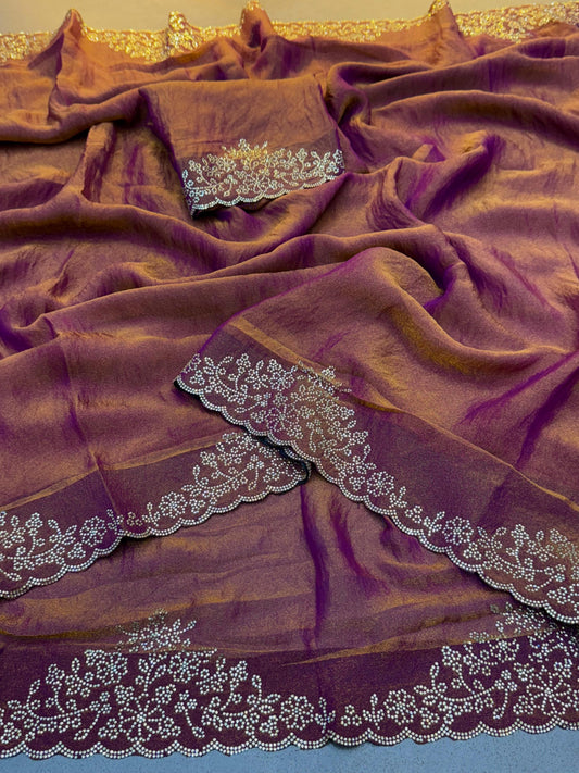 Designer Celebrity Style Saree Wine Purple & Golden Moss Fendy Silk Saree with Diamond Flower Work