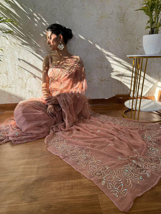 Premium Pure Georgette Sequin Embroidered Designer Saree with Mono Banglory Blouse-Pink