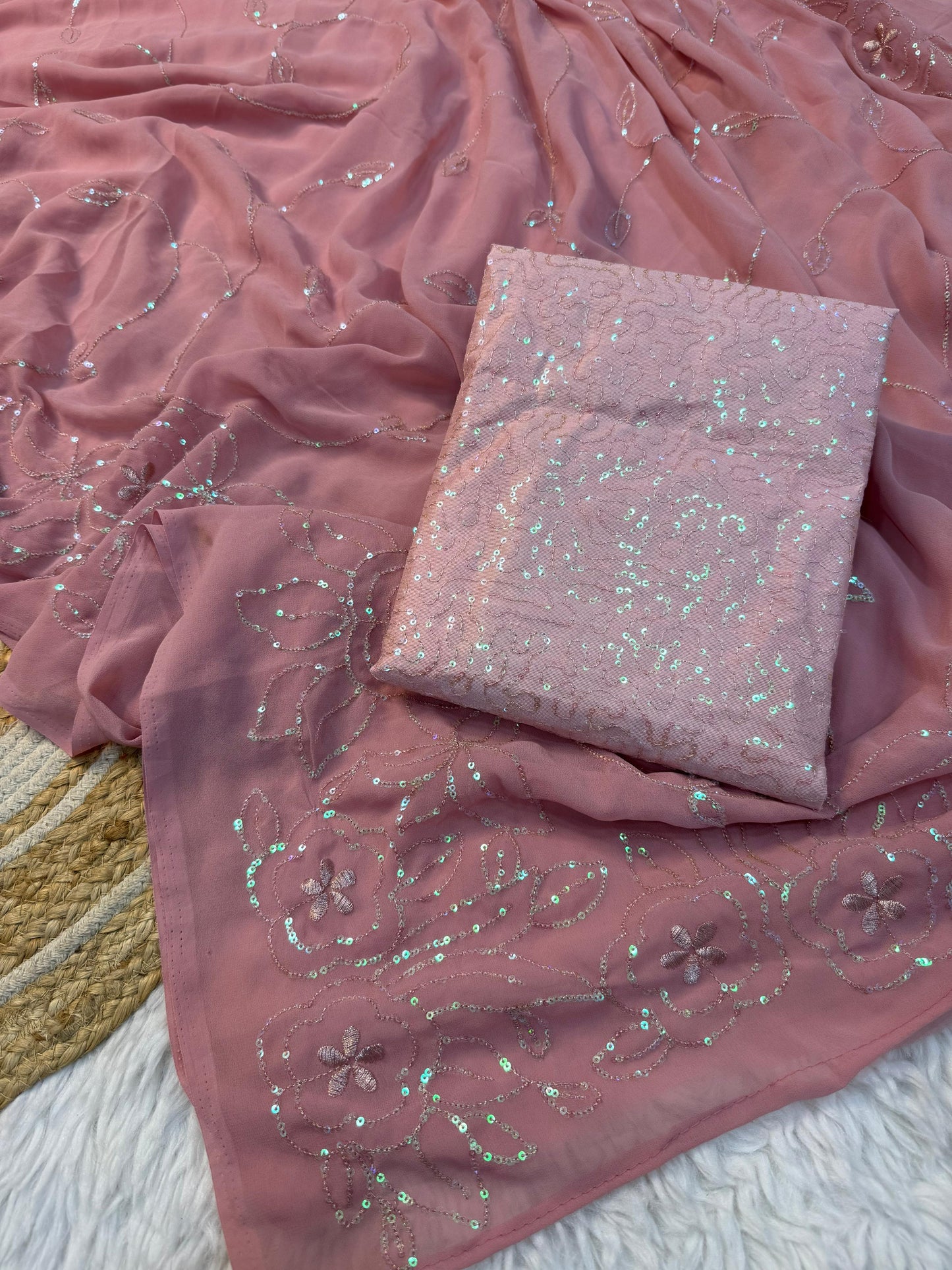 Premium Pure Georgette Sequin Embroidered Designer Saree with Mono Banglory Blouse-Pink