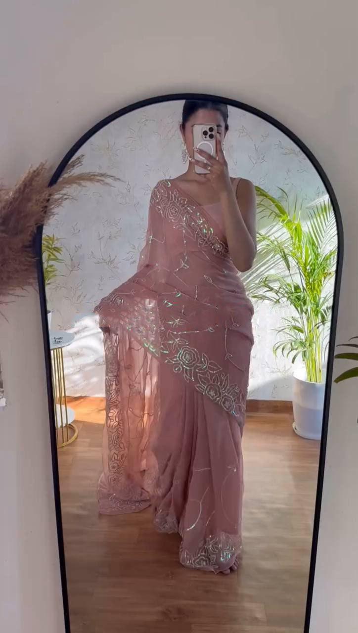 Premium Pure Georgette Sequin Embroidered Designer Saree with Mono Banglory Blouse-Pink