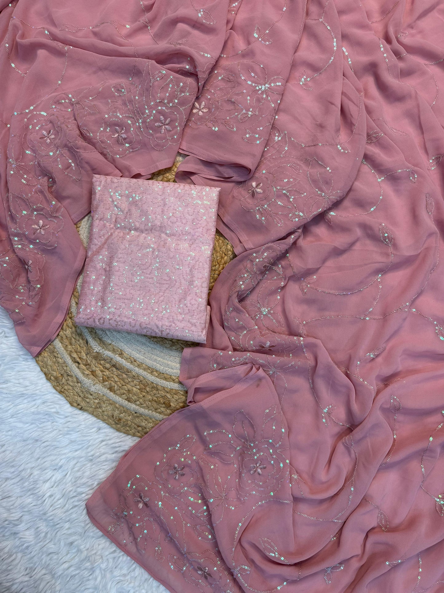 Premium Pure Georgette Sequin Embroidered Designer Saree with Mono Banglory Blouse-Pink