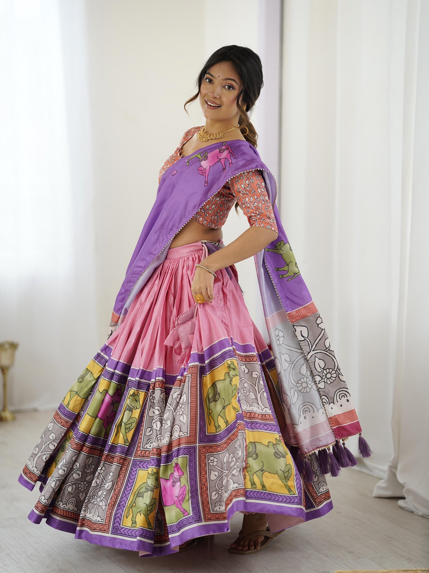 Elegant Light Pink Tussar Silk Kalamkari Lehenga Choli Set with Purple Dupatta & Lace Border
