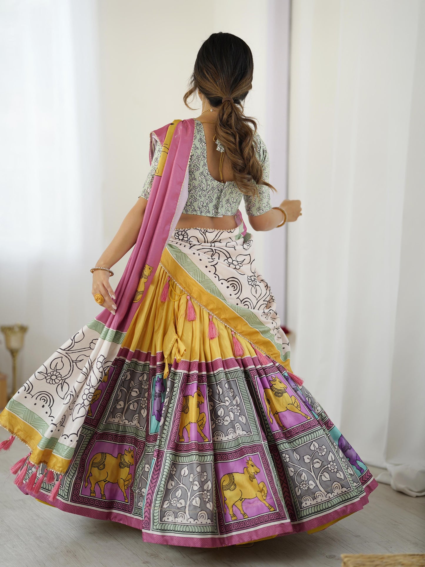 Festive Wear Yellow Kalamkari Lehenga Choli in Tussar Silk with Pink Dupatta