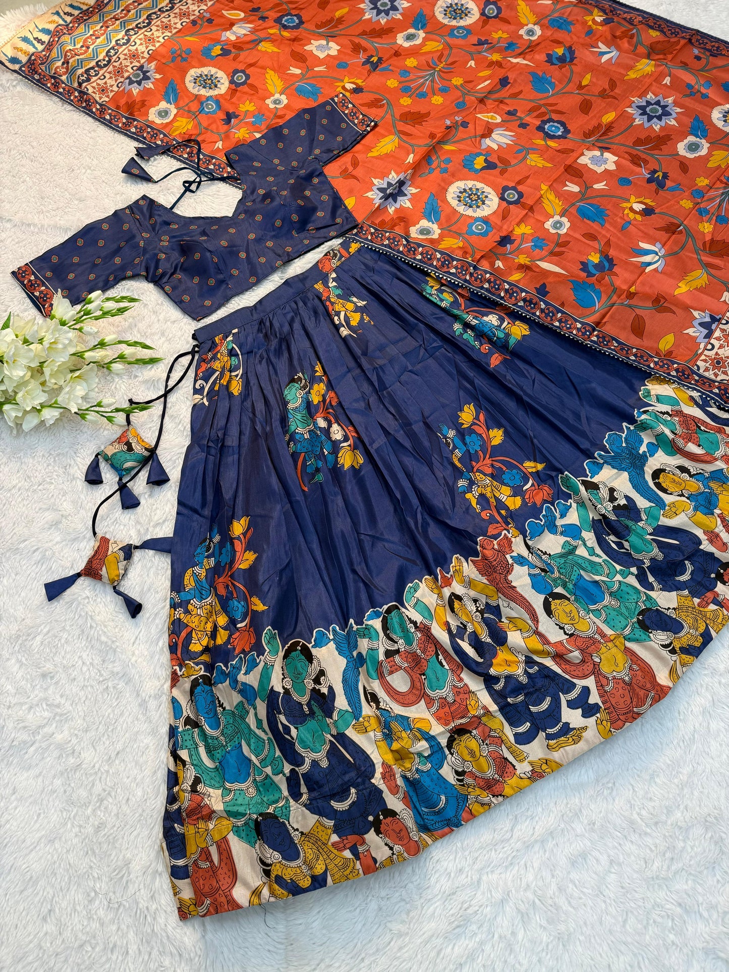 Traditional Tussar Silk Kalamkari Lehenga Choli Set in Royal Blue with Orange Dupatta