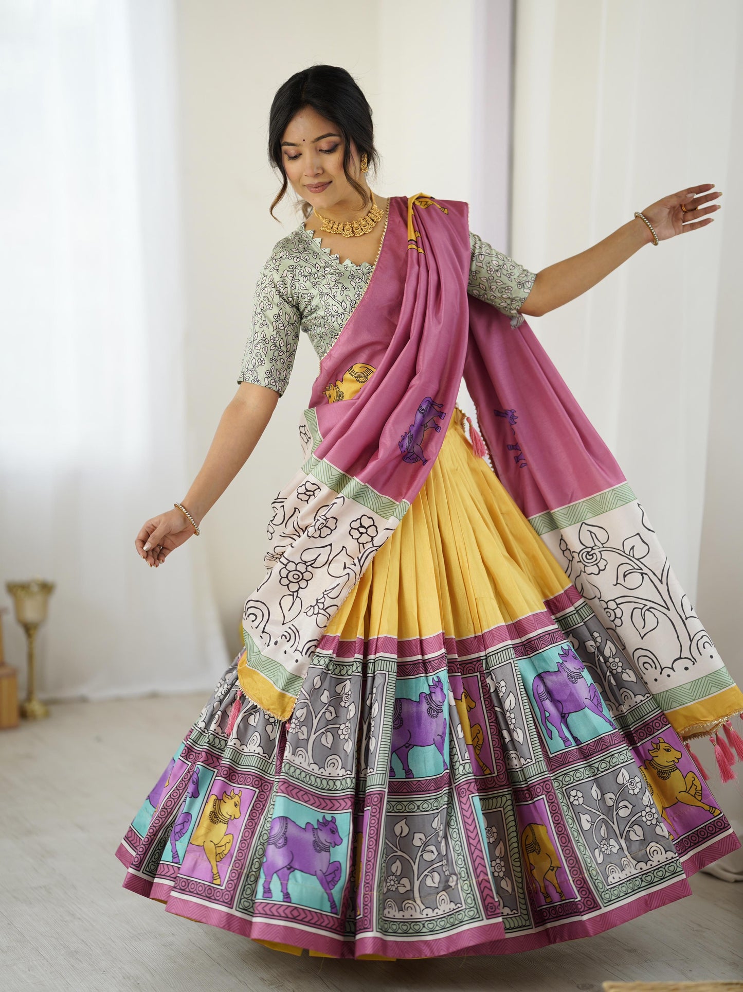 Festive Wear Yellow Kalamkari Lehenga Choli in Tussar Silk with Pink Dupatta