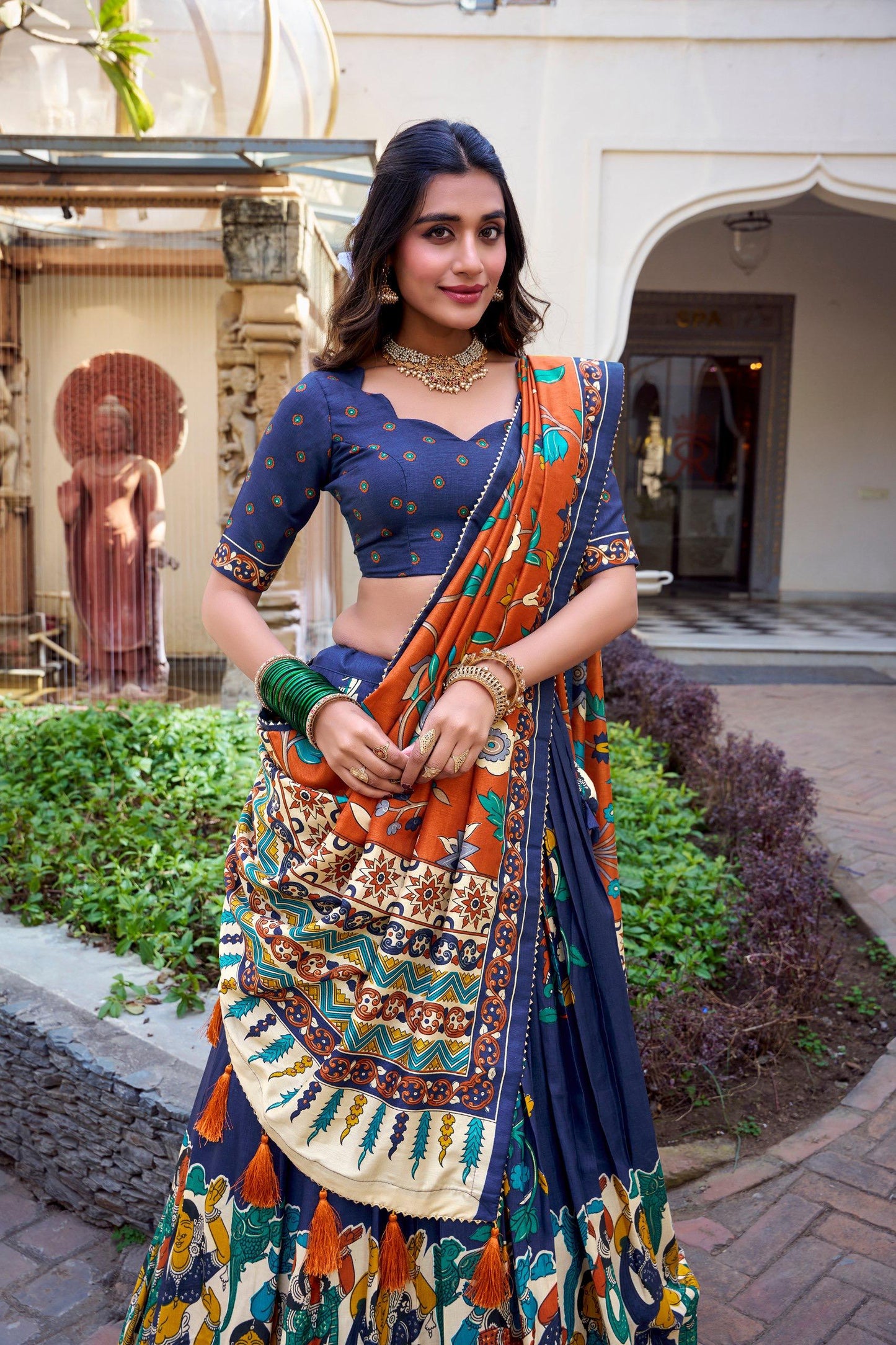 Traditional Tussar Silk Kalamkari Lehenga Choli Set in Royal Blue with Orange Dupatta