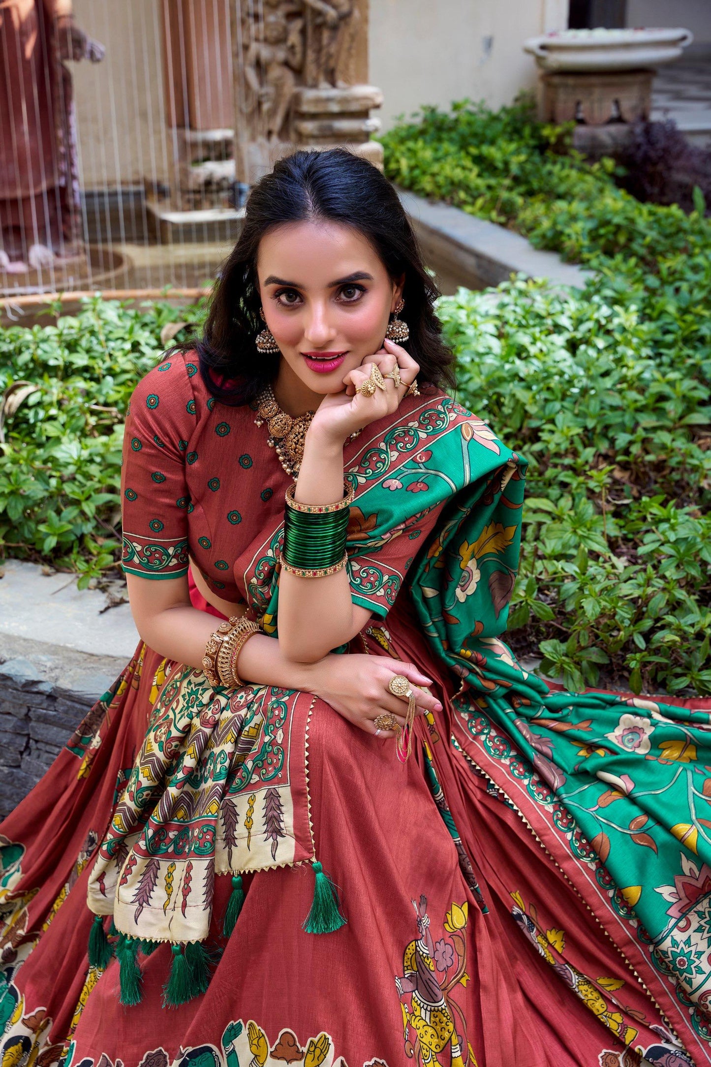 Elegant Tussar Silk Kalamkari Lehenga Choli – Copper Red Lehenga with Green Dupatta