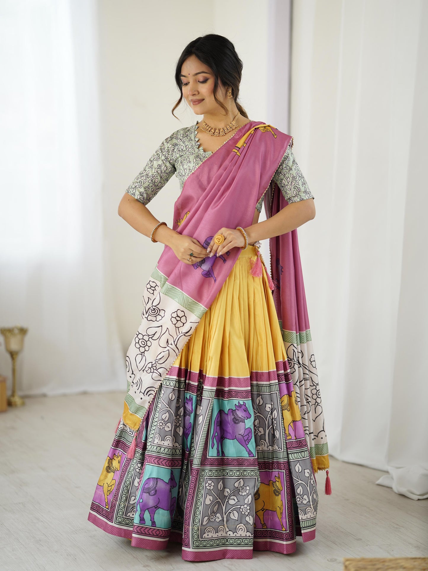 Festive Wear Yellow Kalamkari Lehenga Choli in Tussar Silk with Pink Dupatta