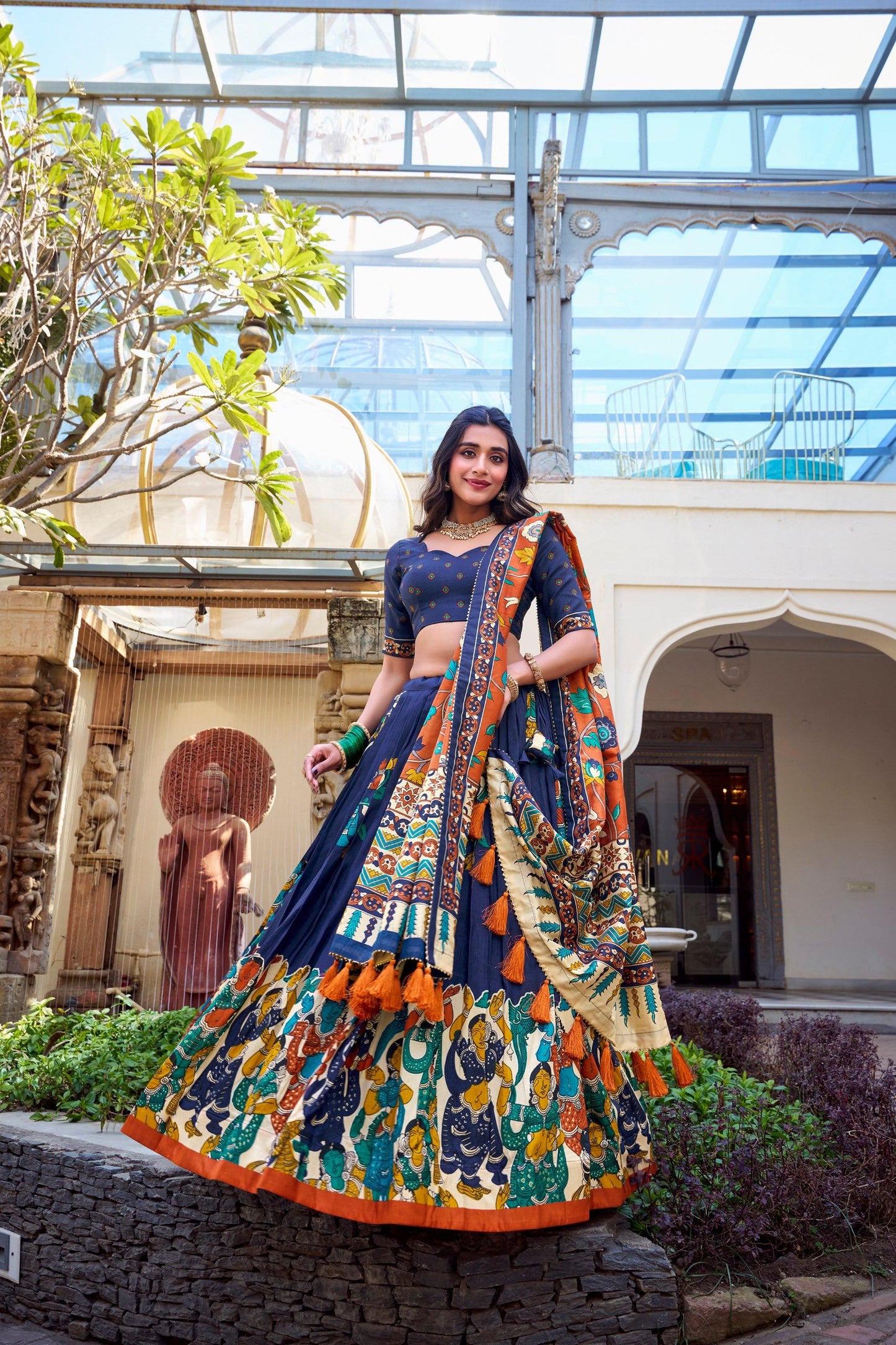 Traditional Tussar Silk Kalamkari Lehenga Choli Set in Royal Blue with Orange Dupatta